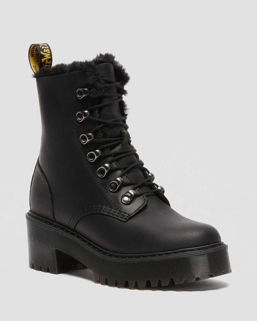 Dr. Martens Leona Faux Fur Lær Platform Støvler Dame Svart [0357YVHAZ]